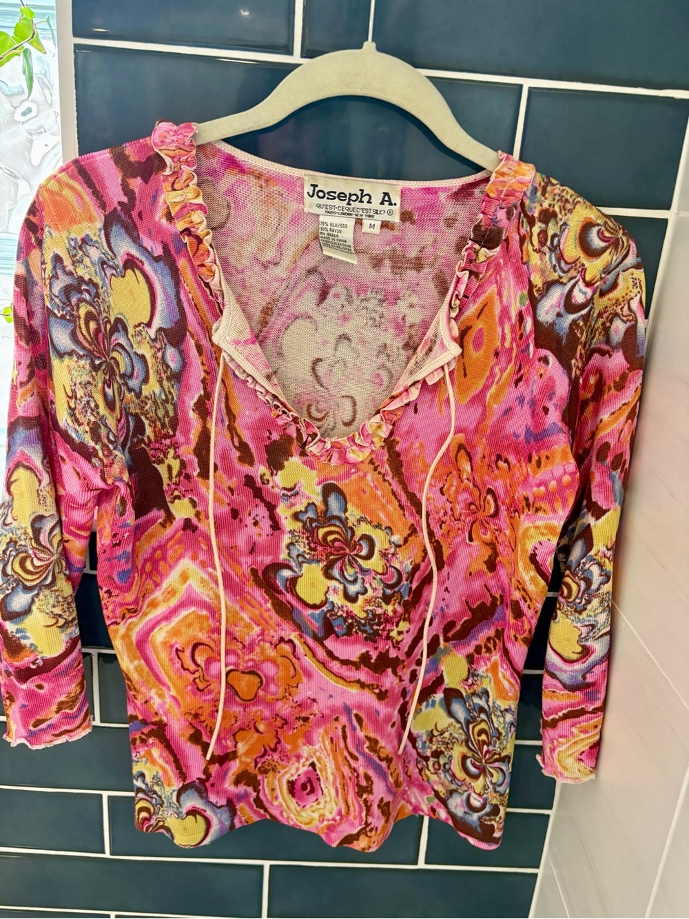 Joseph A. Pink Multi Floral Ruffle V-Neck Blouse